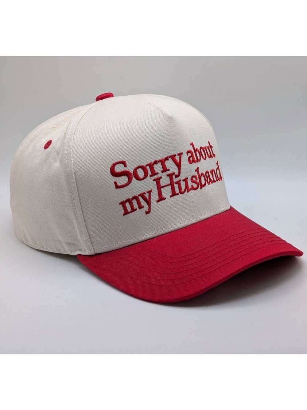 Sorry About My Husband Trucker Baseball Cap Ivory & Red Snapback Funky Junque